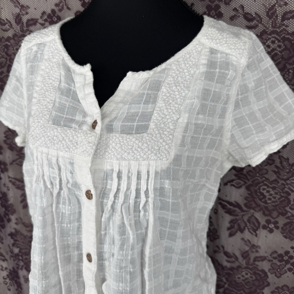 Prana Peasant Cottage Prairie Tunic Top L White Organic Cotton Button Breathable - Picture 2 of 7